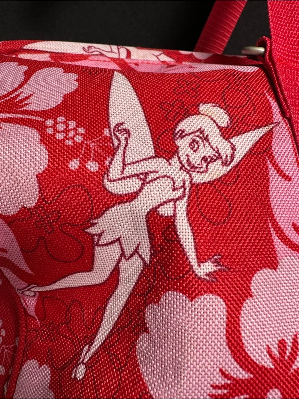 DISNEY TRADER JOE’S PRINT TINKER BELL DUFFEL TRAVEL BAG HAWAIIAN HIBISCUS FLORAL